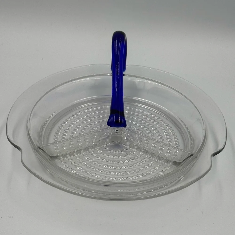 Vintage Duncan Miller Glass Teardrop Pattern Relish with Cobalt Blue Handle